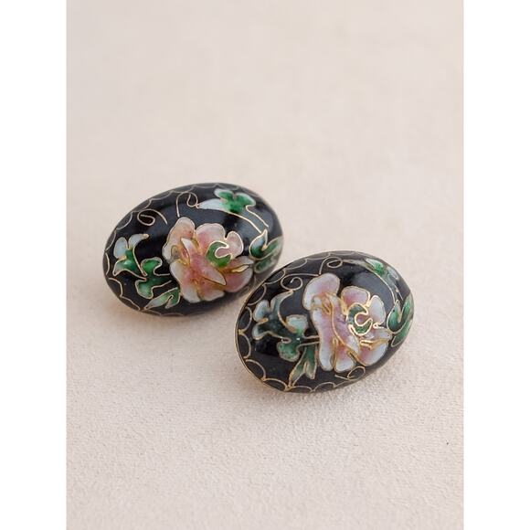 Vintage Puffy Oval Cloisonne Earrings Pink Rose Flowers Clip On Enamel Floral - Picture 1 of 7